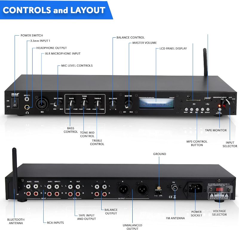 Photo 3 of (READ FULL POST) Pyle Rack Mount Studio Pre-Amplifier - Audio Receiver System w/ Digital LCD Display Bluetooth FM Radio Recording Mode Remote Control USB Flash or SD Card Reader Input and Output Jack - PPRE70BT