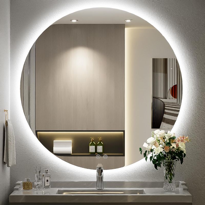 Photo 1 of 32 Inch LED Backlit Vanity,6000K Wall Mounted Round Mirror with Lights,Dimmable Lighted Bathroom Mirror with Anti-Fog, Touch Switch and CRI 90+