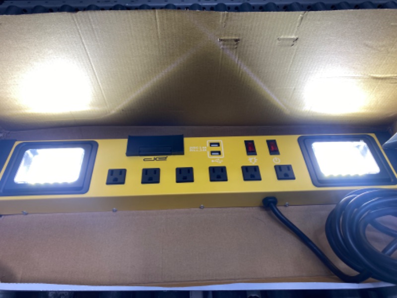 Photo 2 of Digital Energy 6 Outlet Heavy Duty Workshop Surge Protector Power Strip with LED Work Lights - AC 15A 125V 60Hz 1875W SJT 14AWG/3C - 2 USB Ports DC 5V 3.4A - 2 LED Lamps 500 Lumen 20W - 15 FT