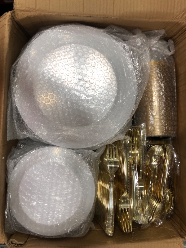 Photo 2 of (READ FULL POST) 700 Piece Gold Dinnerware Set for 100 Guests, Plastic Plates Disposable for Party, Include: 100 Gold Rim Dinner Plates, 100 Dessert Plates, 100 Paper Napkins, 100 Cups, 100 Gold Plastic Silverware Set
