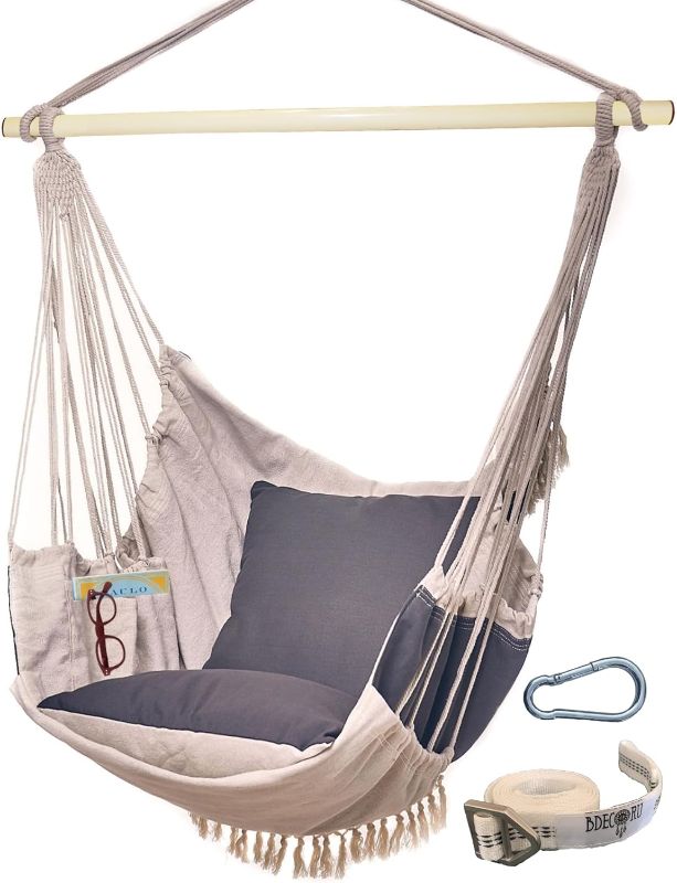 Photo 1 of BDECORU Hanging Hammock Chair Swing - Outdoor & Indoor Hammock Swing Chairs for Outside or Inside of Home, Swing Hanging Chair with Footrest - Includes 2 Cushions, Bag, & Hanging Kit - Gray Beige
