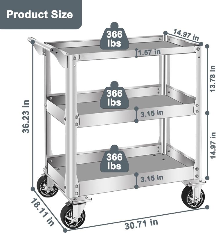 Photo 1 of 3-Tier Stainless Steel Utility Cart, 1100 lbs Heavy Duty Service Cart with Wheels, Rolling Tool Cart on Wheels, Work Cart for Mechanic, Garage, Workshop, Warehouse, 18.1" D x 30.7" W x 36.2" H 