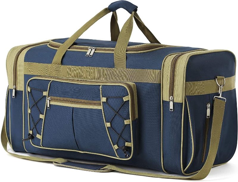 Photo 1 of (SEE NOTES) Travel Duffle Bags for Men Weekender Over Night Carry On Bag Lightweight Extra Large Oxford Duffel Gym Sturdy Luggage Water-proof for Men & Women 26" (Blue Gold)
 5 wheel blue & brown rolling travel duffel bag, shoulder bag, and carry-on with 