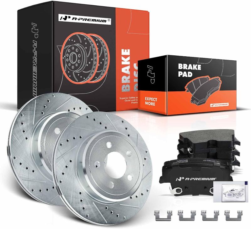 Photo 1 of A-Premium 12.60 in (320 mm) Rear Drilled and Slotted Disc Brake Rotors + Ceramic Pads Kit Compatible with Select Dodge and Chrysler Models - Charger, Magnum, Challenger, 300, 6-PC Set 