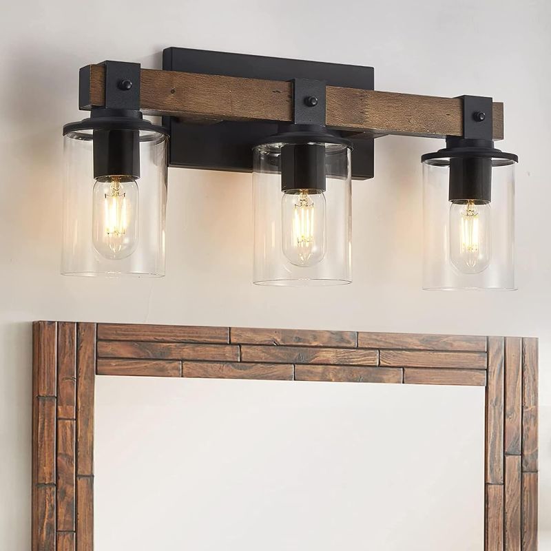 Photo 1 of 3 Light Bathroom Vanity Light Fixtures, Farmhouse Bathroom Vanity Lights Over Mirror, Wood Rustic Vanity Lights for Bathroom, Kitchen, Industrial Wall Light Fixtures with Clear Glass Shade
