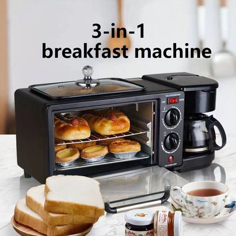 Photo 2 of 3-in-1 Breakfast Station - Coffee Maker, Non-Stick Griddle, and Toaster Oven - Versatile Breakfast Maker Machine with Timer for Kitchenettes/Apartments/Dormitories- Black
