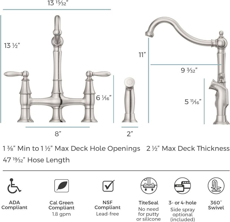 Photo 3 of (READ FULL POST) Pfister F-031-4COS Courant Bridge Kitchen Faucet with Side Sprayer, Stainless Steel