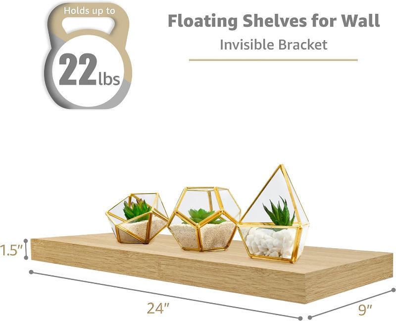 Photo 1 of Sorbus Floating Shelves, Wall Shelves for Bedroom, Kitchen, Living Room, Home Decor 24 x 9 Inch Wall Mounted Floating Shelves for Wall, 2 Maple Wood