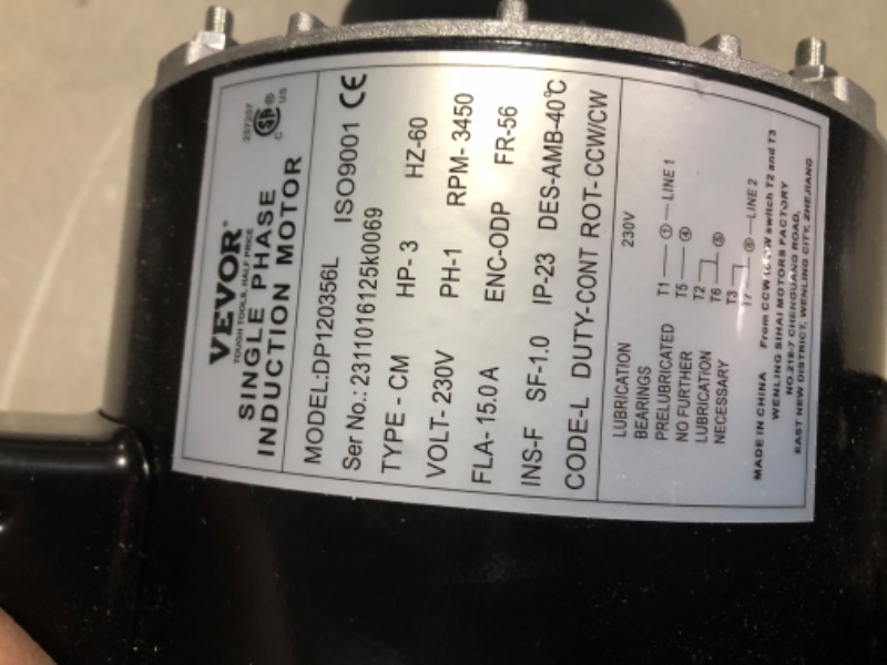 Photo 3 of ***USED - DAMAGED - UNABLE TO TEST - SEE COMMENTS***
VEVOR 3HP Air Compressor Motor, 3450RPM Electric Motor, 230V 15 Amps, 5/8" Keyed Shaft 56 Frame