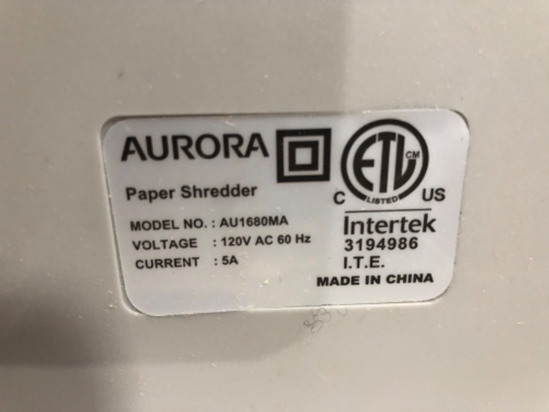 Photo 2 of ***NOT FUNCTIONAL - NONREFUNDABLE - FOR PARTS ONLY - SEE COMMENTS***
Aurora Heavy Duty High Security 16-Sheet Micro-Cut Shredder/Anti-Jam/60 Min Run Time/ 7-Gallon Pullout Basket