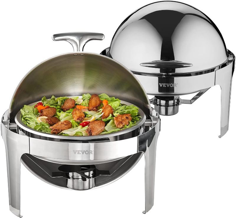 Photo 1 of **MISSING ONE OF THE DISHES**
Roll Top Chafing Dish Buffet Set, 6 Qt , Stainless Steel Chafer with 2 Full Size Pans, Round Catering Warmer Server with Lid Water Pan Stand Fuel Holder, for at Least 5 People Each