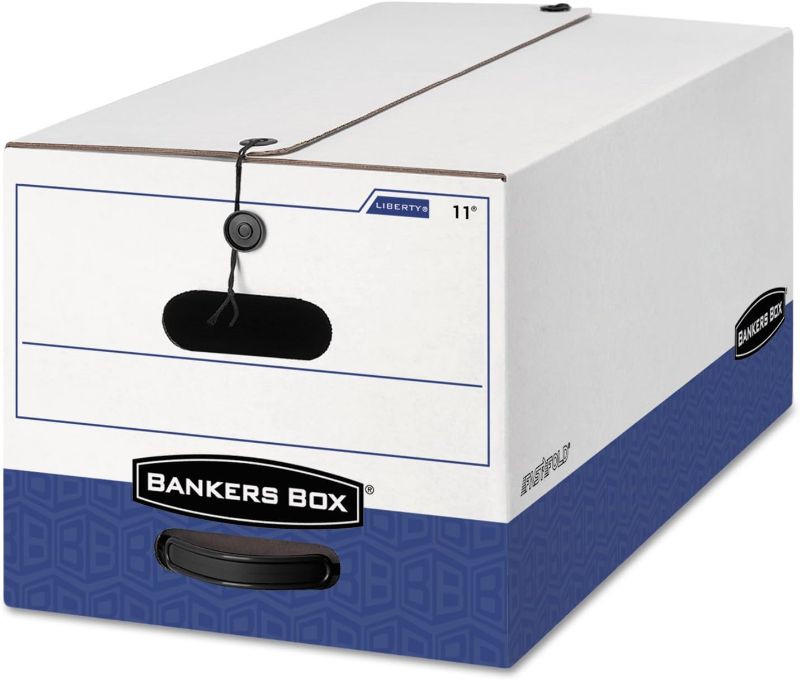 Photo 1 of Bankers Box 12 Pack LIBERTY Heavy-Duty File Storage Boxes, FastFold, String and Button, Legal, White/Blue
