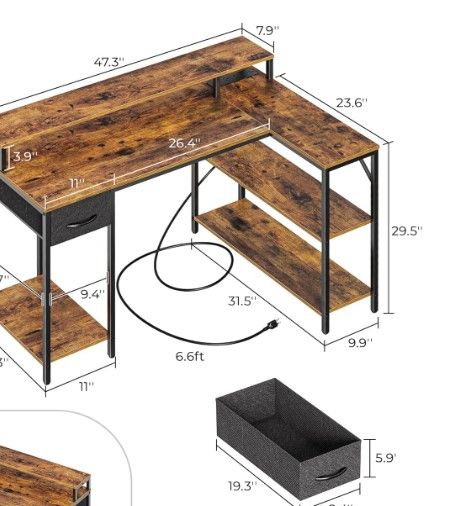 Photo 1 of SUPERJARE L Shaped Gaming Desk with LED Lights & Power Outlets, Reversible Computer Desk with Shelves & Drawer, Corner Desk Home Office Desk, Rustic Brown, 7035ZC
