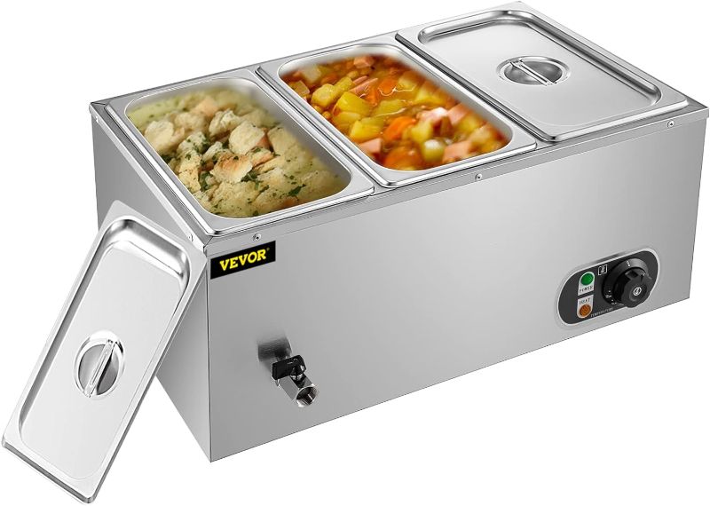 Photo 1 of 110V 3-Pan Commercial Food Warmer, 1200W Electric Steam Table 15cm/6inch Deep, Professional Stainless Steel Buffet Bain Marie 16 Quart for Catering and Restaurants
