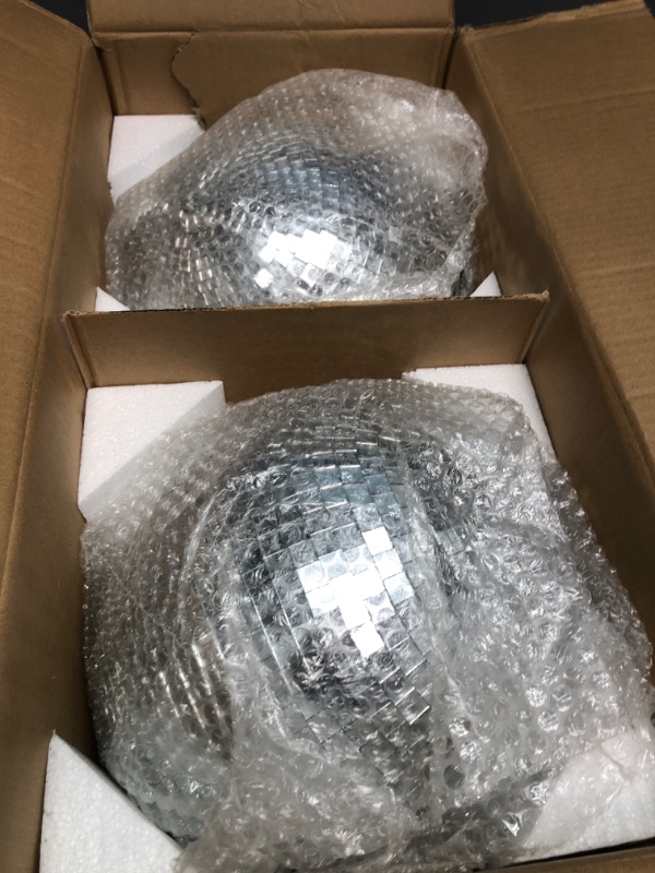 Photo 2 of 2 Pack Large Disco Ball Silver Hanging Mirror Disco Ball Reflective Mirror Disco Ball Ornament for Party Holiday Wedding Dance Music Festivals Decor Club Stage Props DJ Decoration (12 Inch, 12 Inch)