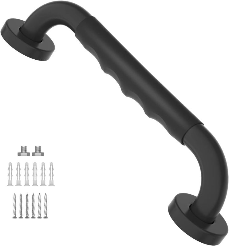 Photo 1 of 12 Inch Black Shower Grab Bar w/Anti Slip Rubber Grip, ZUEXT Stainless Steel Bath Grab Bar, Bathroom Balance Bar, Wall Mount Safety Handrail Support, Handicap Injury Elderly Senior Assist Handle
