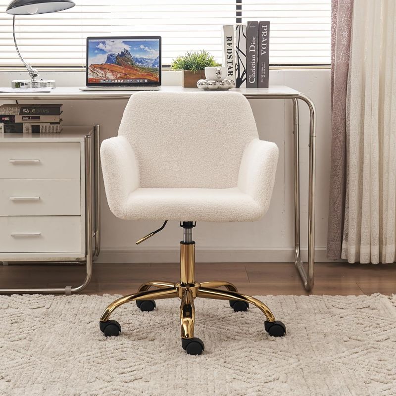 Photo 1 of Maotifeys White Teddy Fur Desk Chair with Golden Base Wheels Modern Makeup Vanity Chair for Girls Women Swivel Fuzzy Upholstered Home Office Desk Chairs for Living Room Bedroom
