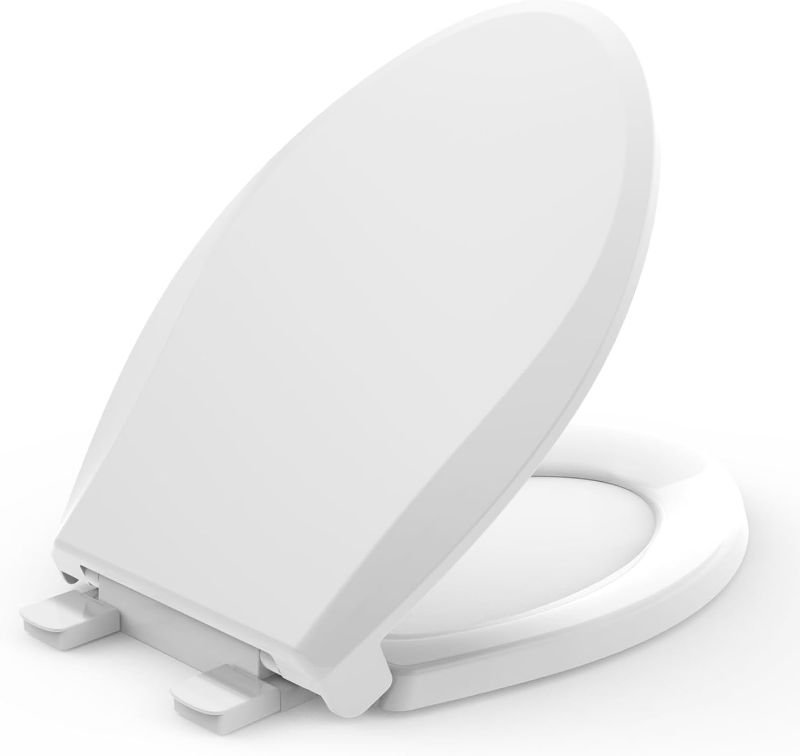 Photo 1 of "Premium Soft-Close ELONGATED Toilet Seat with Quick-Release Hinge, Heavy Duty and Secure Fit, Easy Installation and Cleaning, 18.5", White Oval Design."
