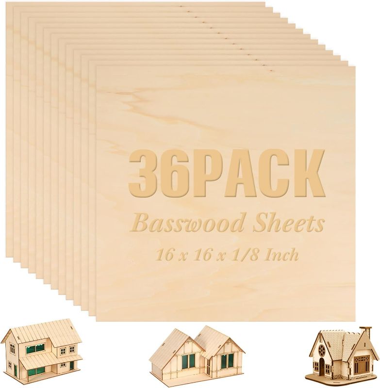 Photo 1 of 36 Pack Basswood Sheets Plywood Board 1/8 Inch Unfinished Wood Boards for Crafts for DIY Laser Projects Architectural Model Making Mini House Building Hobby Wood Burning (16 x 16 x 1/8 Inch)
