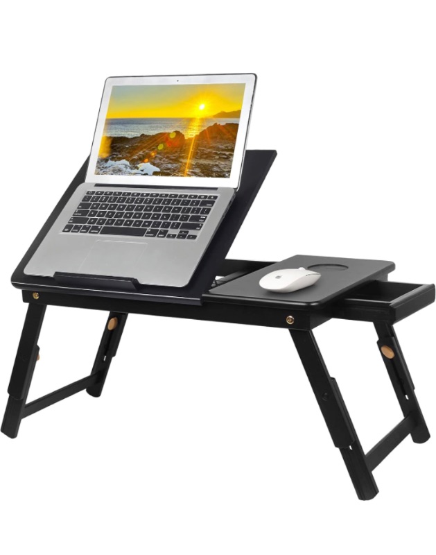 Photo 1 of Laptop Desk for Bed, Lap Desks Trays with Double Storage Drawers, Adjustable Premium Leather Laptop Stand with Extra Drawstring Bag, Foldable Lap Table for Eating, Working, Writing and Drawing Black X-Large (15.7"*23.6"-Bag)