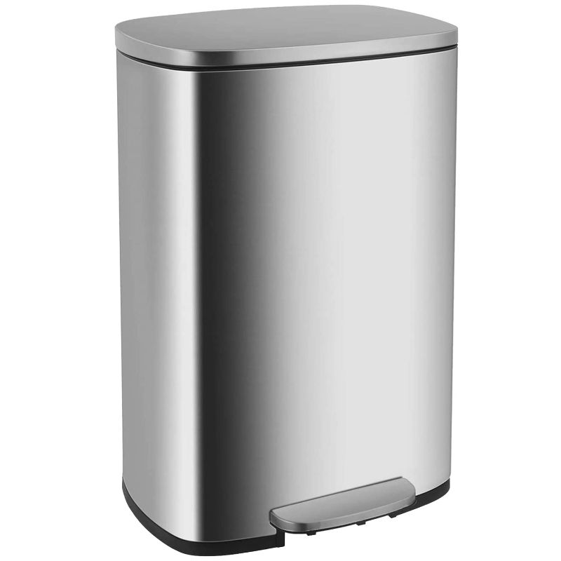 Photo 1 of 13 Gallon Trash Can, Brushed Stainless Steel Kitchen Trash Can with Soft-close Lid, Fingerprint-resistant Kitchen Garbage Can with Foot Pedal and Inner Bucket, Odor Proof Trash Can Garbage Can, Silver