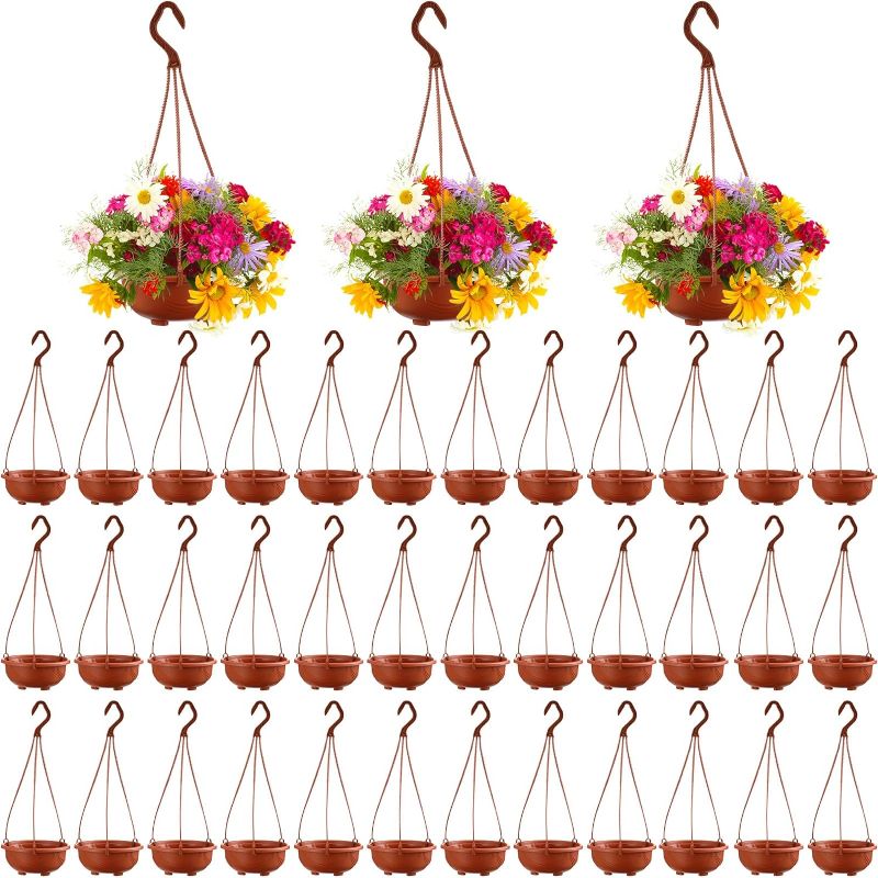 Photo 1 of 60 Pcs Plastic Hanging Planter Flower Plant Pots with Hook Hanging Pot for Plants Basket Planter Holder Containers with Drainage Hole for Indoor Outdoor Garden Balcony Wall Decor, Brown