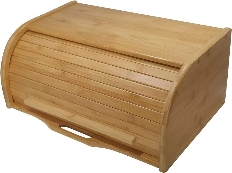 Photo 1 of (READ FULL POST) Large bread box bread basket wooden box storage boxes kitchen counter organizer, roll top breadbox. bread boxes for kitchen countertop. Bamboo wooden boxes. (Natural)
