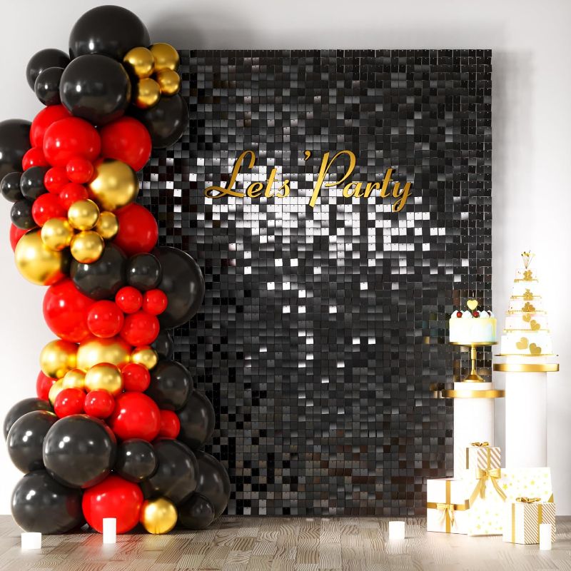 Photo 1 of COKAOBE Black Shimmer Wall Backdrop 24PCS Black Sequins Backdrop Decoration Panels, Photo Backdrops for Birthday, Anniversary Wedding Engagement Decoration (Black)