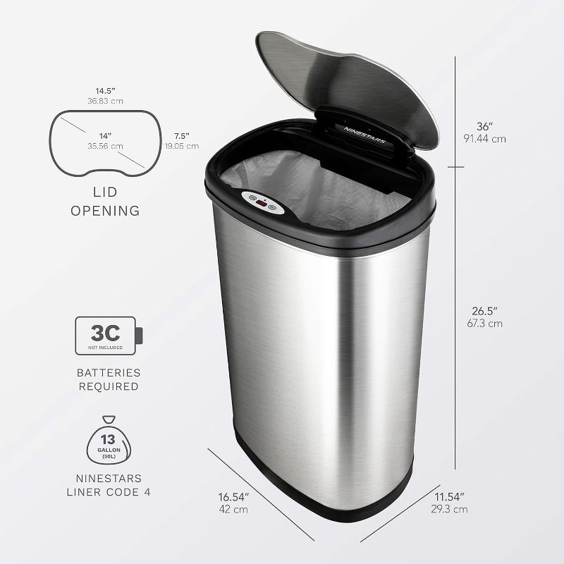 Photo 3 of (READ FULL POST) Ninestars DZT-50-13 Automatic Touchless Motion Sensor Oval Trash Can with Black Top, 13 gallon/50 L, Stainless Steel 13 Gal. 50 L Stainless Steel