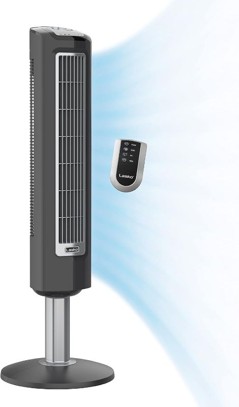 Photo 1 of 
Lasko Wind Tower Oscillating Tower Fan, Remote Control, Timer, 3 Quiet Speeds, for Bedroom, Living Room and Office, 38" Gray, 2519
