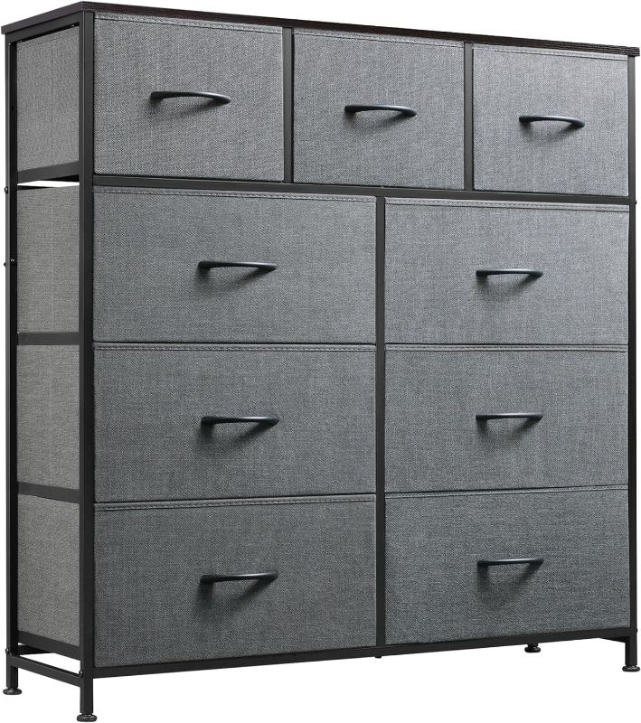 Photo 1 of (READ FULL POST) WLIVE 9-Drawer Dresser, Fabric Storage Tower for Bedroom, Hallway, Entryway, Closet, Tall Chest Organizer Unit with Fabric Bins, Steel Frame, Wood Top, Easy Pull Handle, Dark Grey
