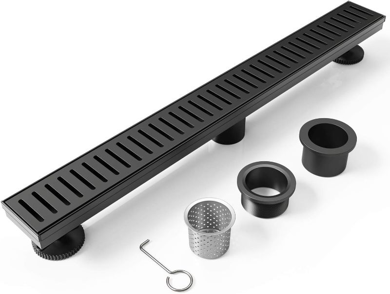 Photo 1 of  Shower Linear Black Drain Rectangular Floor Drain with Accessories Capsule Pattern Cover Grate Removable SUS304 Stainless Steel CUPC Certified Matte Black
