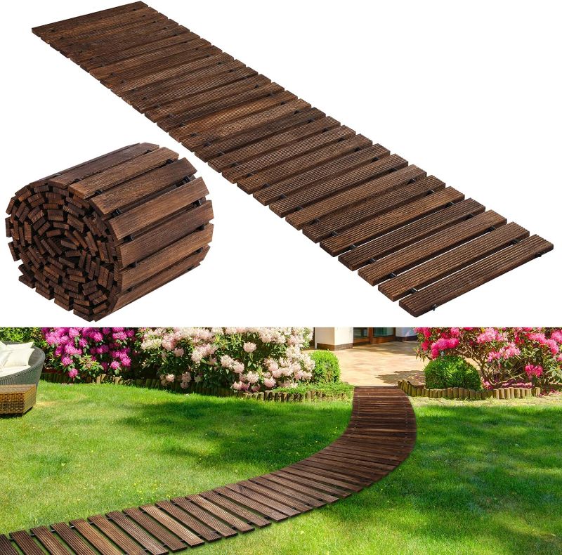 Photo 1 of 24ft Wooden Garden Pathway with Non Slip Surface Roll Out Garden Boardwalk Walkways Road Floor Pathway Rustic Path Decorative Patio Pavers for Outdoor Garden Beaches Wedding Party