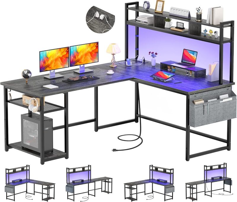 Photo 1 of Aheaplus Small L Shaped Gaming Desk with LED Lights & Power Outlets, Reversible L-Shaped Computer Desk with Monitor Stand & Storage Shelf, Corner Desks Home Office Desk with Storage Bag, Grey Oak