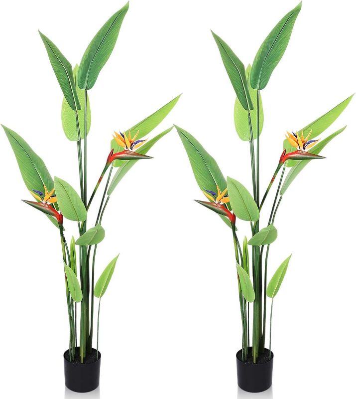 Photo 1 of 2 Pack Artificial Bird of Paradise Plant Fake Tropical Palm Tree with Realistic Leaves and Pots Faux Plants Floral Style for Home Living Room Office Indoor Outdoor Decor (5 Ft)
