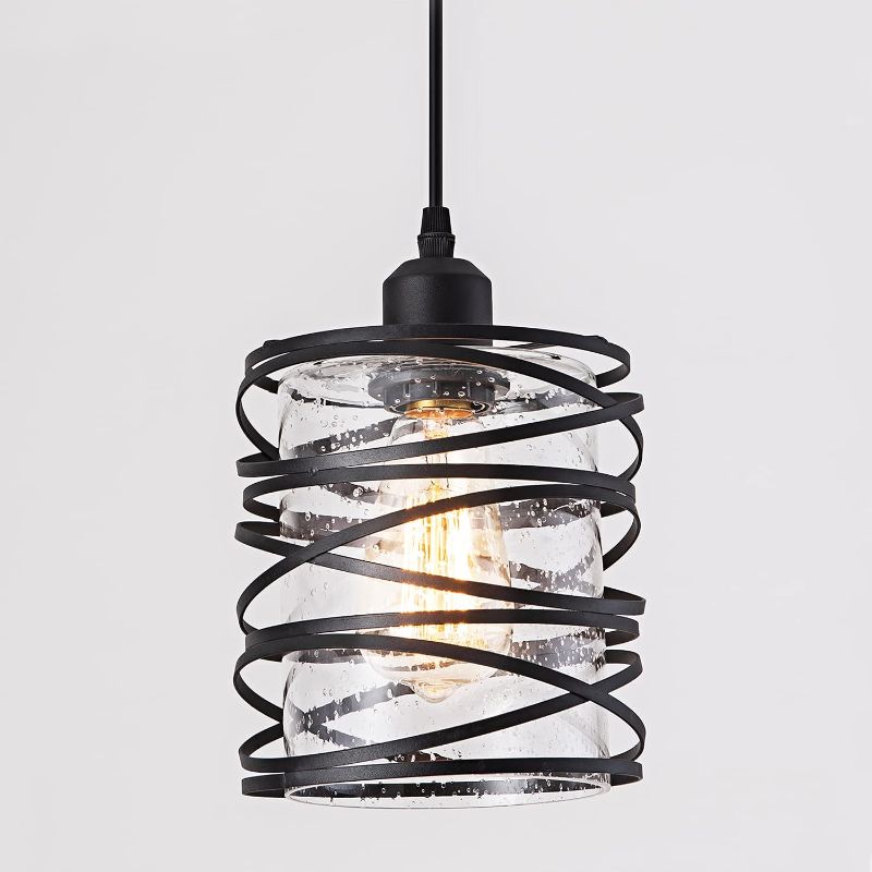 Photo 1 of 2 PACK FISGONI Modern Mini Pendant Light Fixture Kitchen Island Pendant Lighting 6.30''Matte Black Spiral Cage Handblown Clear Seeded Glass Shade Hanging Lamp Adjustable Cord for Dining Room 1-Pack,E26 Seeded Glass Spiral Cage 6.30in