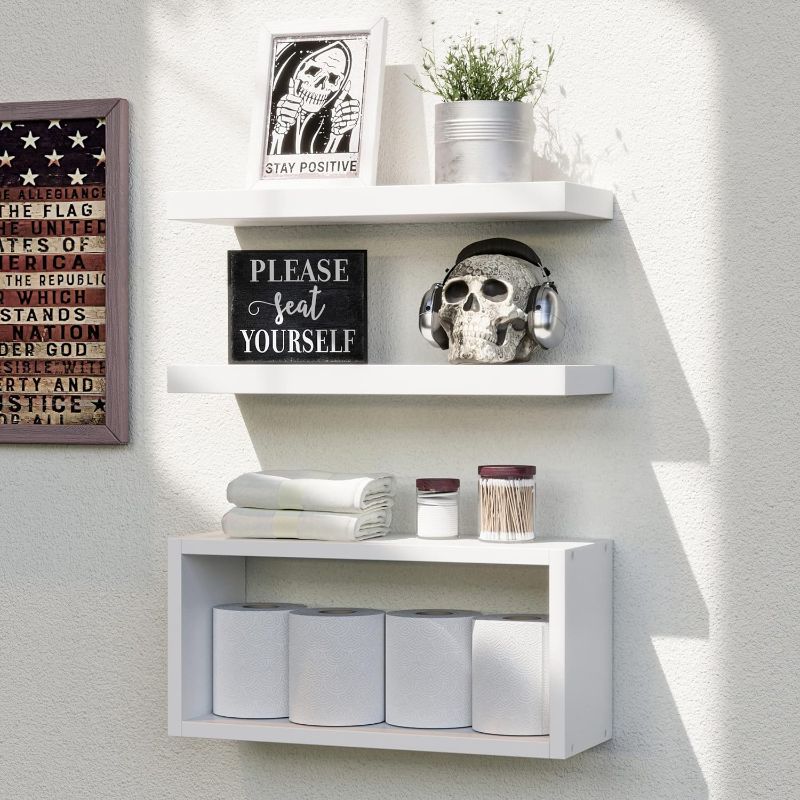 Photo 2 of *SEE NOTES** RICHER HOUSE Floating Shelves for Wall, Boho Macrame Hanging Wall Décor, Rustic Wall Shelves with Farmhouse Toilet Paper Storage Box, Wall Mount Bathroom Shelves Over Toilet - Carbonized Black Sign Box - Carbonized Black With Bathroom Sign & 