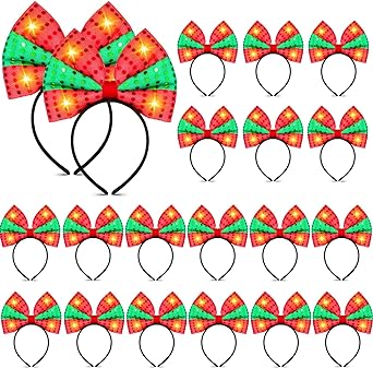 Photo 1 of Hotop 20 Pcs Light up Christmas Bow Headbands, LED Christmas Headband Sequin Light Up Green Red Christmas Bow Headband Christmas Party Favor Accessory for Adults Kids