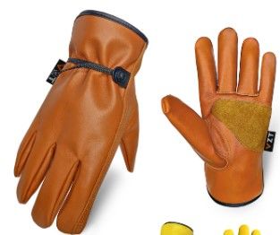 Photo 1 of 2 Pairs Leather Work Gloves for Men or Women, for Gardening, Welding, Construction, Driving, etc. Cowhide, Soft and Comfortable, Non-fading, Water Resistant, Unlined, Brown and Yellow, M Brown and Yellow 2 Pairs Medium