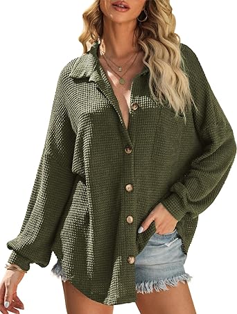 Photo 1 of PEHMEA Womens Waffle Knit Shacket Jacket Oversized Long Sleeve Button Down Shirts Loose Fit Shacket with Pocket
