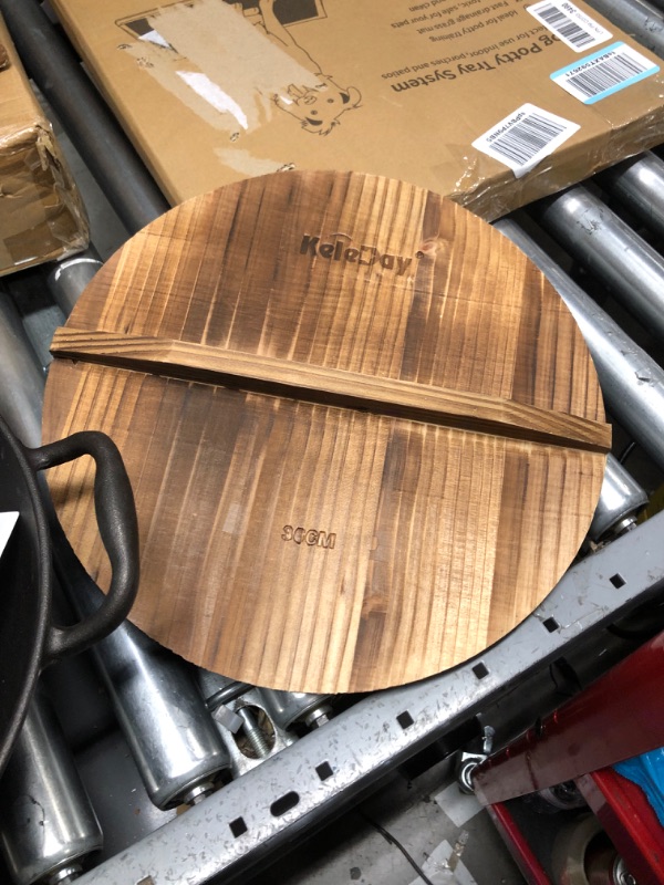 Photo 1 of Keleday 14 Inch Cast Iron Wok with Lid Pre-Seasoned Cast Iron Wok with 2 Loop Handles Deep Frying Pan with Flat Bottom Traditional Chinese Food 14" wok with wooden lid and turner