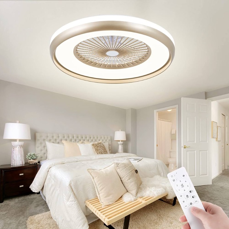 Photo 1 of HUMHOLD 24" Bladeless Ceiling Fan with Lights Gold, Flush Mount Ceiling Fan LED 3-Dimmable Light Remote & APP Control, 6-Speed Reversible DC Motor, Timer, Low Profile for Bedroom, Living Room