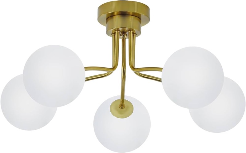 Photo 1 of PUZHI HOME 5-Light Modern Globe Ceiling Light, Brass Gold Semi Flush Mount Ceiling Light Mid Century Glass Globe Sputnik Chandelier Lighting Fixture for Living Room Bedroom Foyer