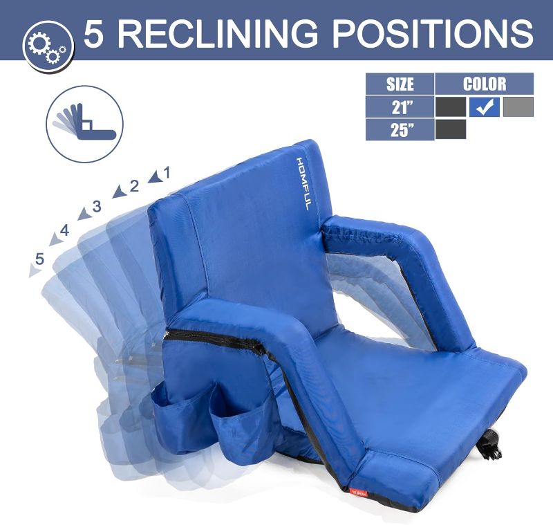 Photo 1 of *Picture for reference**
HOMFUL Folding Stadium Seats for Bleachers with Lumbar and Back Support Portable Reclining Stadium Chairs with Padded Cushion Seats for Sporting Outdoor Camping Beach Concerts Picnic Bleacher Blue 21"-With Lumbar Pillow