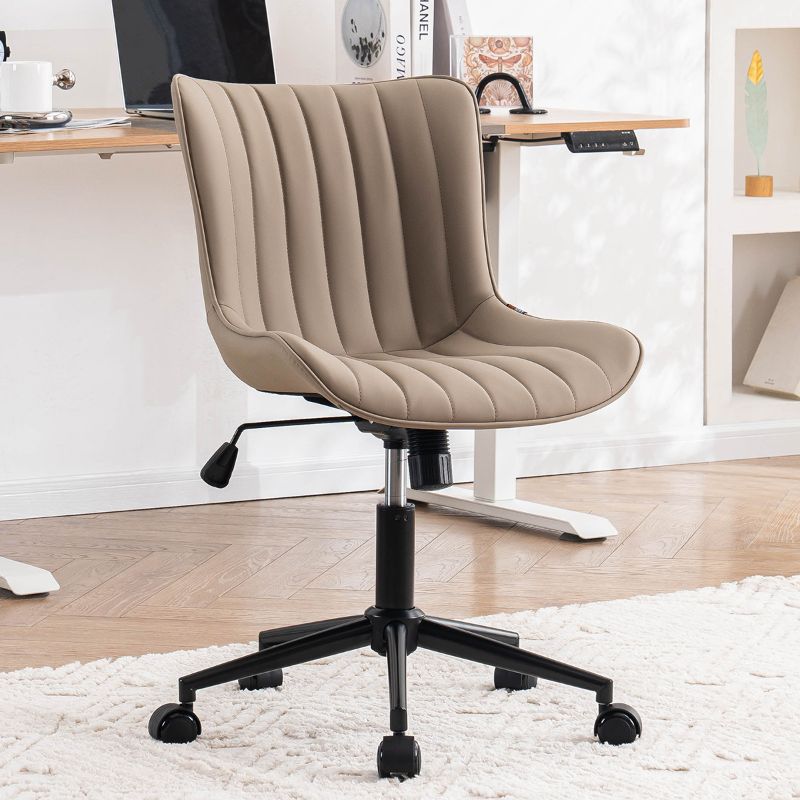 Photo 1 of YOUNIKE Cute Armless Office Desk Chair Modern Upholstered Faux Leather Swivel Task Chair, Khaki
