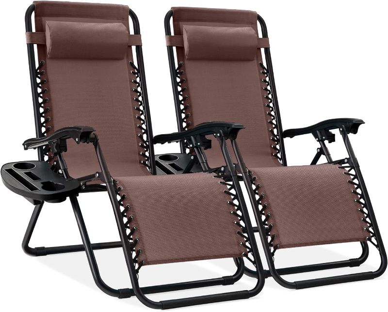 Photo 1 of Best Choice Products Set of 2 Adjustable Steel Mesh Zero Gravity Lounge Chair Recliners w/Pillows and Cup Holder Trays, Brown
