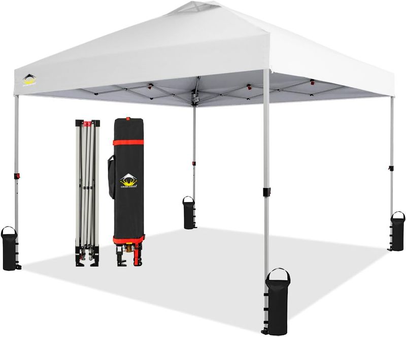 Photo 1 of (READ FULL POST) Crown Shades 10x10 Pop up Canopy Outside Canopy, Patented One Push Tent Canopy with Wheeled Carry Bag, Bonus 8 Stakes and 4 Ropes, White
