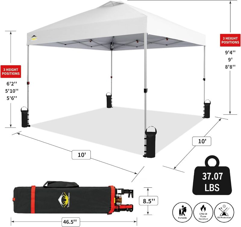 Photo 5 of (READ FULL POST) Crown Shades 10x10 Pop up Canopy Outside Canopy, Patented One Push Tent Canopy with Wheeled Carry Bag, Bonus 8 Stakes and 4 Ropes, White
