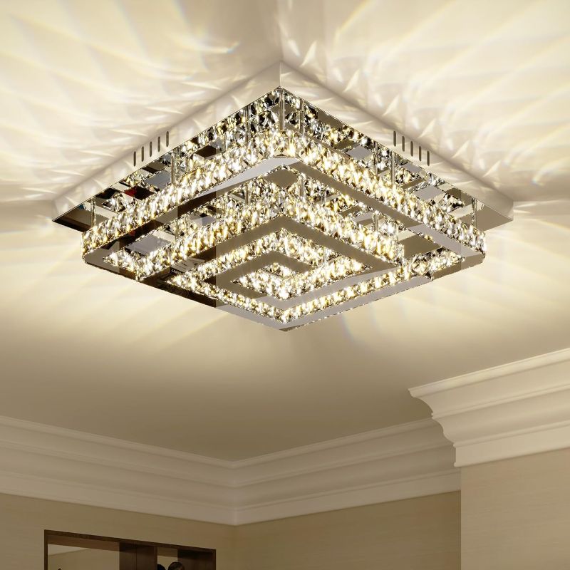 Photo 1 of 24" Large Elegant Crystal Chandelier, Modern Led 3 Color Dimmable Ceiling Light 2 Layers Square Flush Mount Ceiling Lamp for Bedrooms Dining Rooms Living Room Kitchen Staircase Hallway(Dimmable)