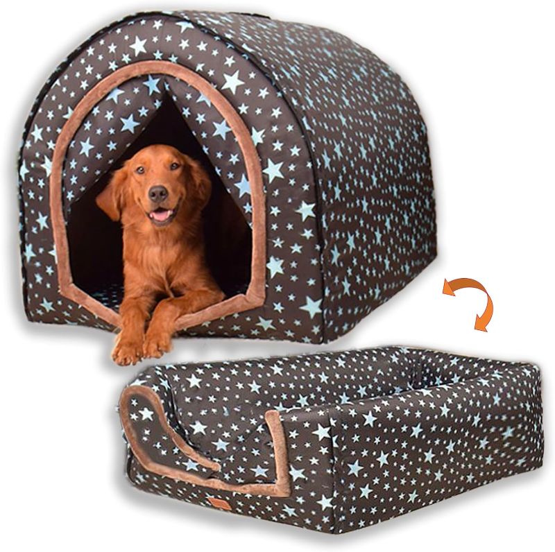 Photo 1 of 2 in 1 Extra Large Pet Winter House Convertible to Bed with Warm Cushion Mat, 2 Way Indoor Outdoor Portable Dog Kennel, Removable Washable Cover (XL Starry Sky)